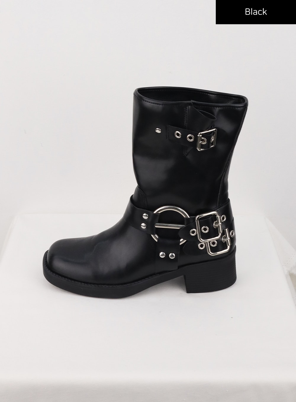 Black mid calf boots with outlet buckles