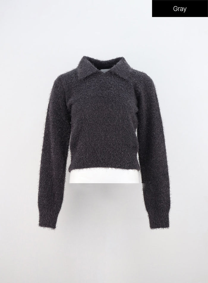 collared-v-neck-sweater-on307 / Gray