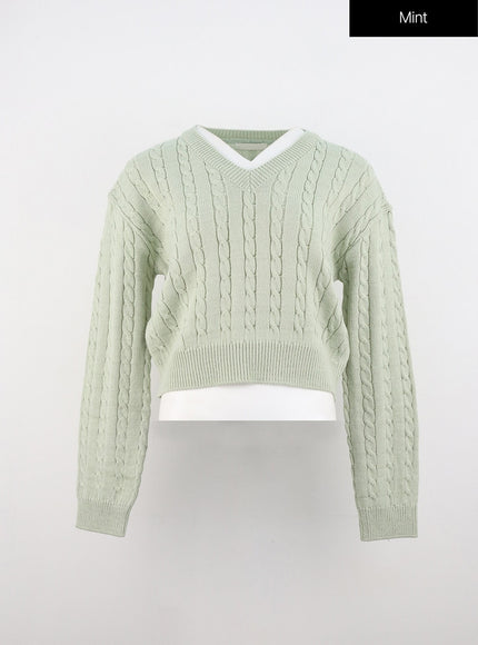 cable-knit-v-neck-sweater-oo316 / Mint