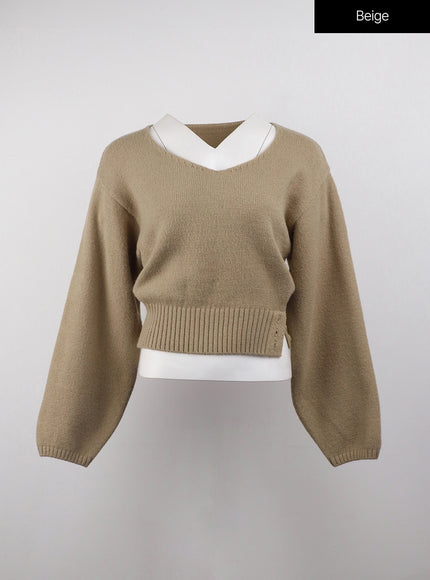 v-neck-solid-sweater-oj411 / Beige