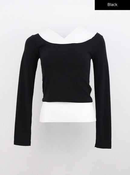 basic-u-neck-long-sleeve-crop-top-co327 / Black