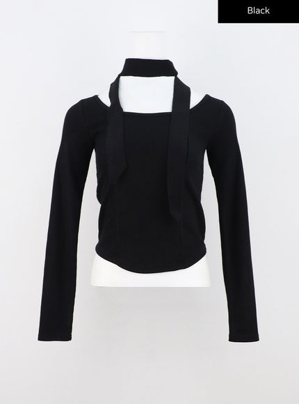 slim-fit-u-neck-long-sleeve-top-with-scarf-cn303 / Black