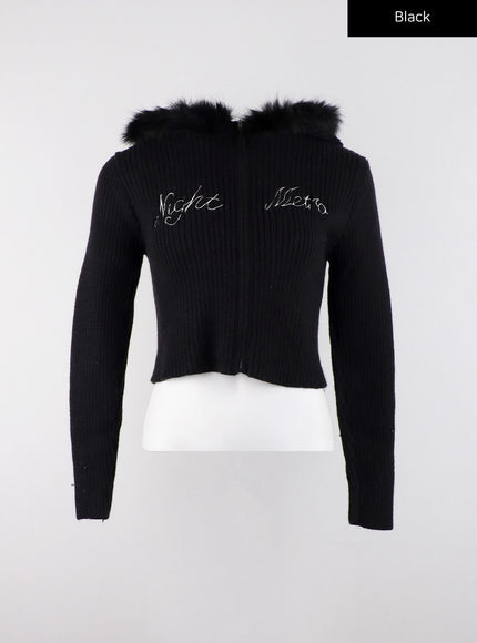 zip-up-lettering-hooded-crop-knit-top-cd314 / Black