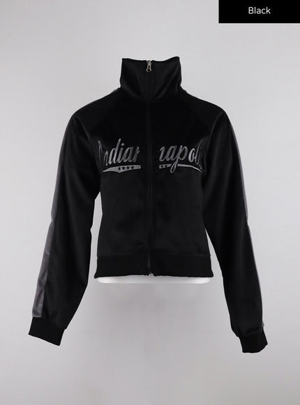 zip-up-velvet-lettering-jacket-cd311 / Black