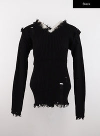 v-neck-destroyed-knit-sweater-cd307 / Black