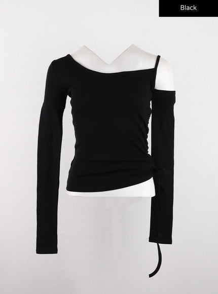 asymmetrical-neck-cut-out-long-sleeve-tee-cd304 / Black