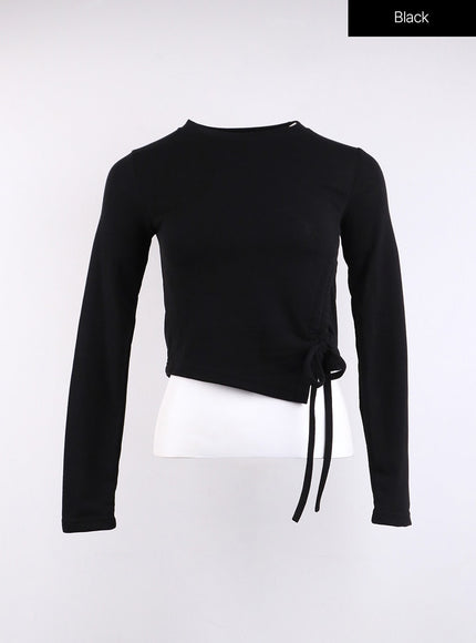 drawstring-long-sleeve-round-neck-tee-cj419 / Black