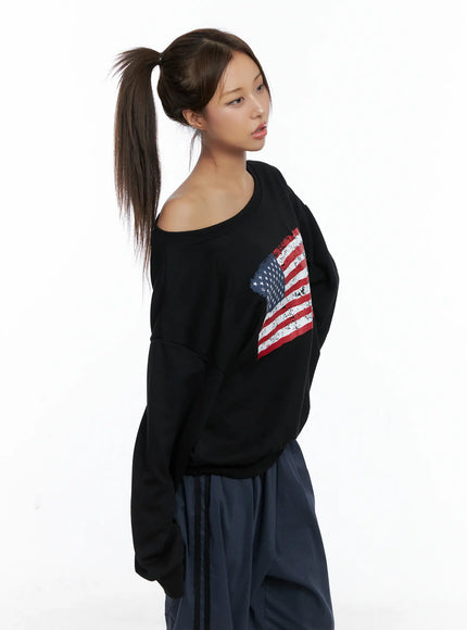 american-flag-off-shoulder-sweatshirt-cs504 / Black