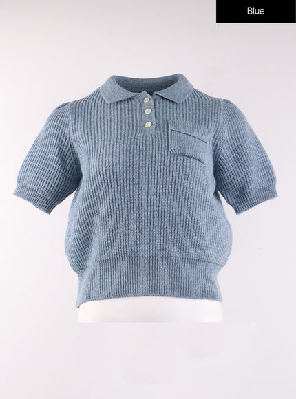 collar-short-sleeve-knit-sweater-of406 / Blue