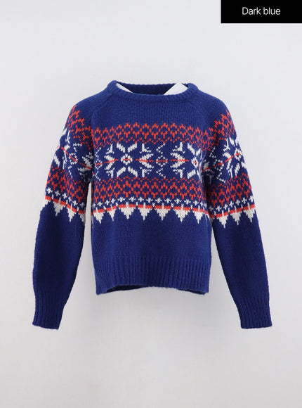 jacquard-crew-neck-knit-sweater-in323 / Dark blue