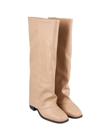 wrinkled-faux-leather-knee-high-boots-cj520 / Glossy beige