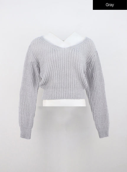 v-neck-crop-open-body-sweater-on320 / Gray