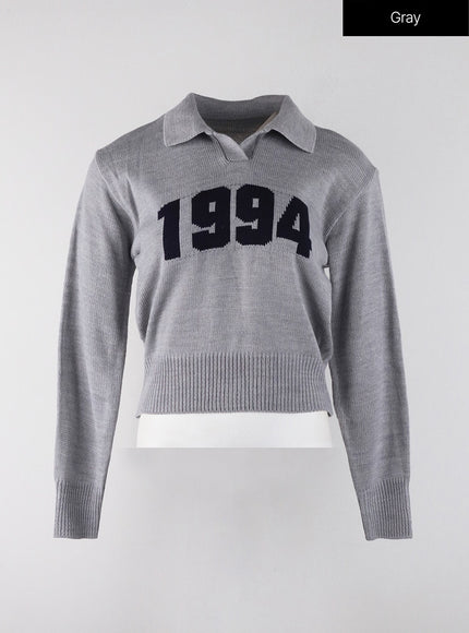 crop-collar-lettering-sweater-oj404 / Gray