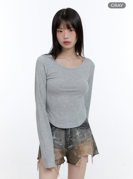 boat-neck-solid-long-sleeve-crop-top-cg413 / Gray