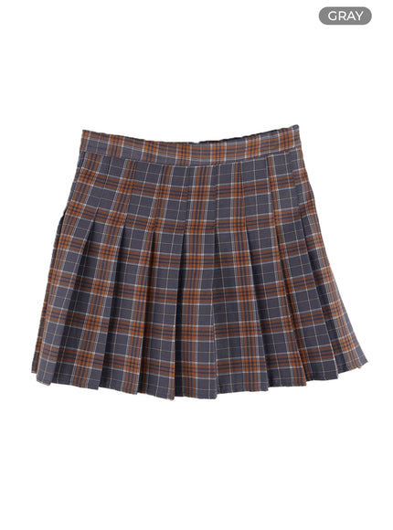 check-pleated-mini-skirt-om408 / Gray