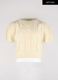 pearl-decor-chunky-cable-knit-top-mini-skirt-set-od326 / Light beige