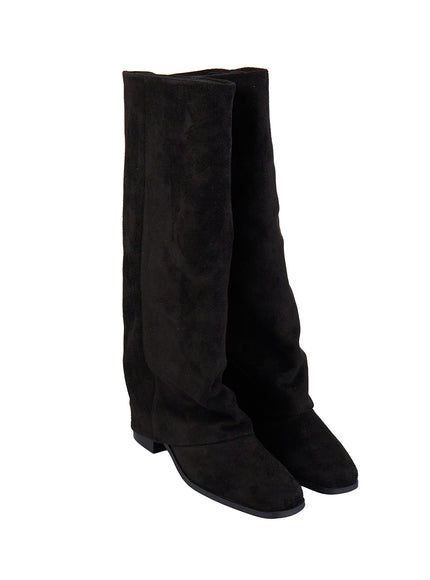 wrinkled-faux-leather-knee-high-boots-cj520 / Black