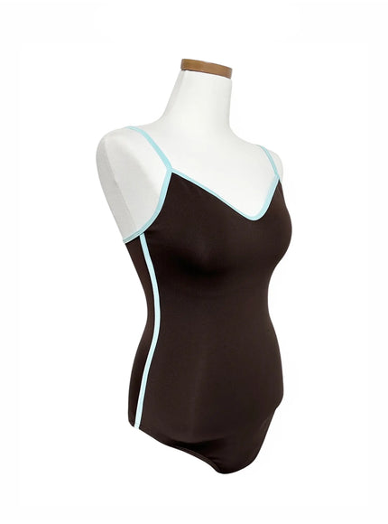 v-neck-contrast-trim-one-piece-swimsuit-iy514 / Brown
