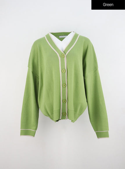 v-neck-loose-fit-long-sleeve-cardigan-oo323 / Green