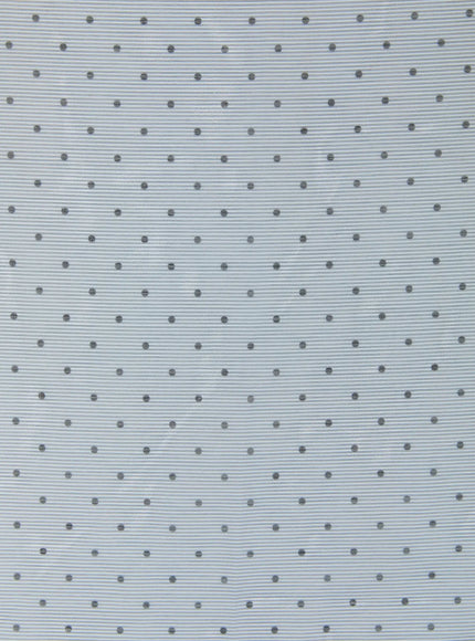 Polka Dot Head Scarf CU519, fabric swatch close-up in pale grey-blue colorway, small dark grey dots on striped light base, fine woven sheen visible.