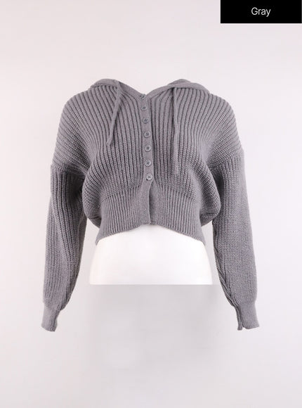 knit-button-crop-hoodie-oj429 / Gray