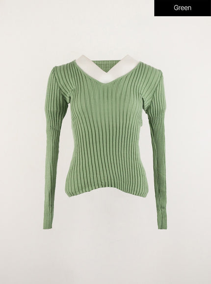 v-neck-wool-rib-sweater-od315 / Green