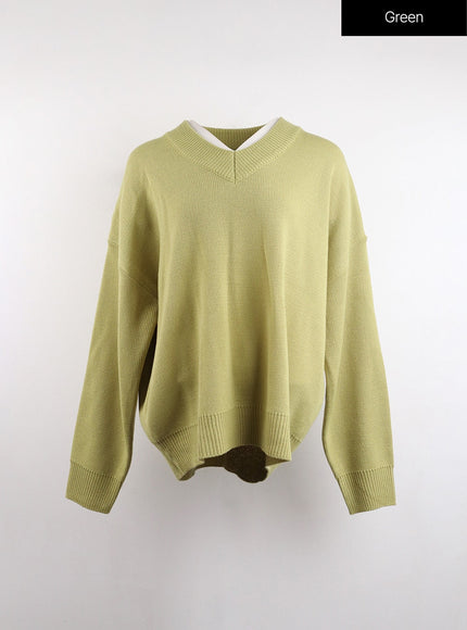 v-neck-knitted-long-sleeve-sweater-oj419 / Green