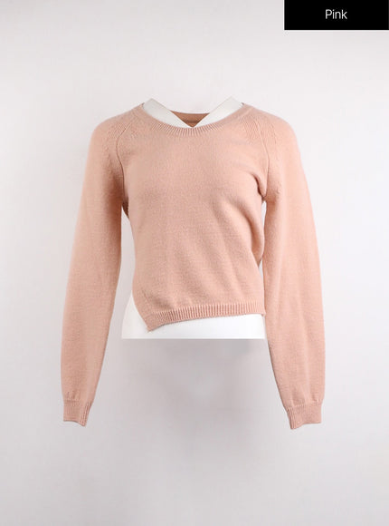 crew-neck-slit-knit-sweater-oj418 / Pink