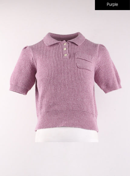 collar-short-sleeve-knit-sweater-of406 / Purple