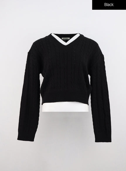 cable-knit-v-neck-sweater-oo316 / Black