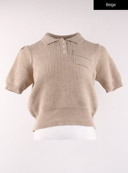 collar-short-sleeve-knit-sweater-of406 / Beige