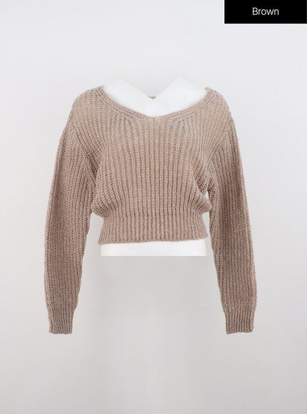 v-neck-crop-open-body-sweater-on320 / Brown