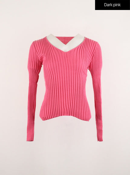 v-neck-wool-rib-sweater-od315 / Dark pink