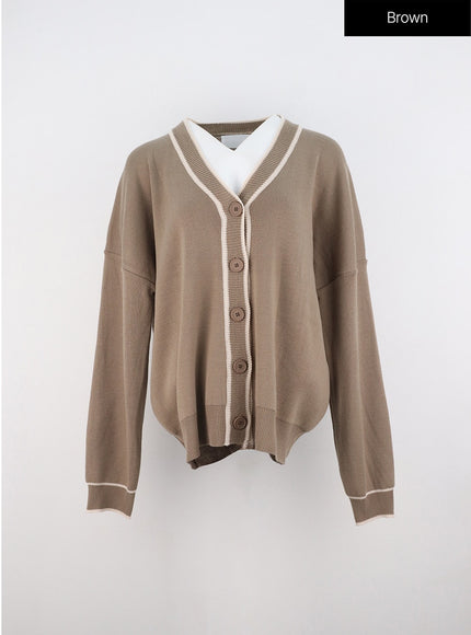 v-neck-loose-fit-long-sleeve-cardigan-oo323 / Brown