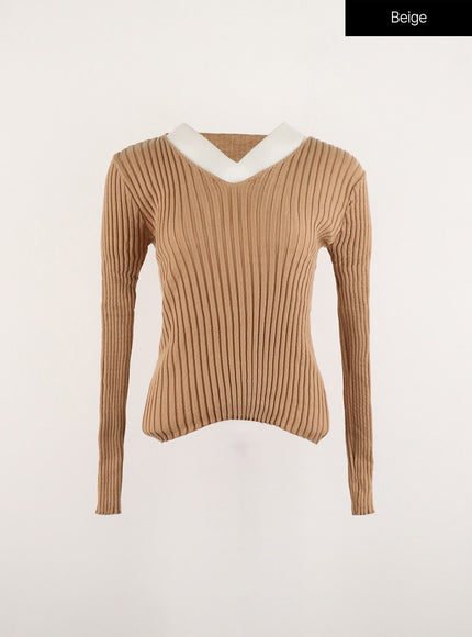 v-neck-wool-rib-sweater-od315 / Beige