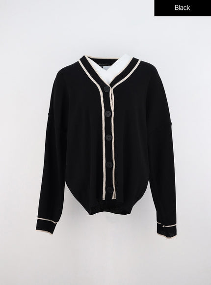 v-neck-loose-fit-long-sleeve-cardigan-oo323 / Black