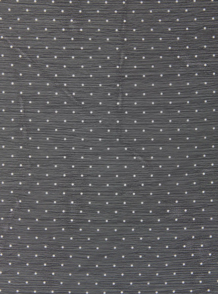 Polka Dot Head Scarf CU519, fabric swatch close-up in dark grey colorway, white polka dots on crinkle-textured dark grey ground, subtle sheen across surface.