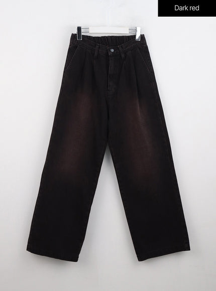 washed-pintuck-wide-leg-jeans-in322 / Dark red