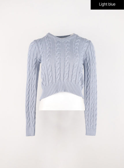 cable-knit-v-neck-sweater-in301 / Light blue