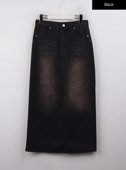 mid-waist-solid-button-washed-denim-maxi-skirt-oj411 / Black