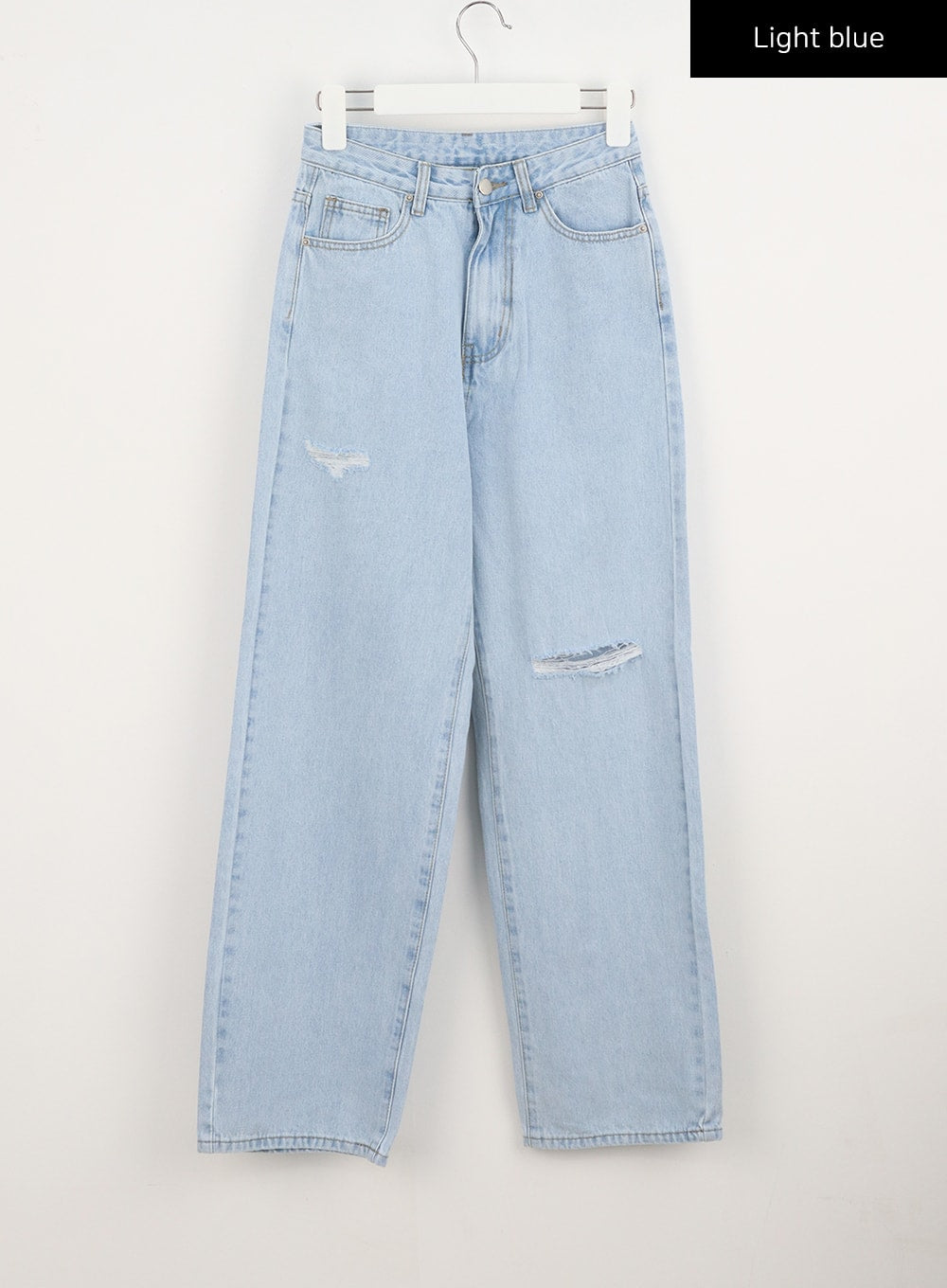Ripped Basic Jeans BA328 in light blue, flat hanger product shot, wide-leg high-rise cotton denim with destroyed thigh and knee rip details clearly visible, no styling.