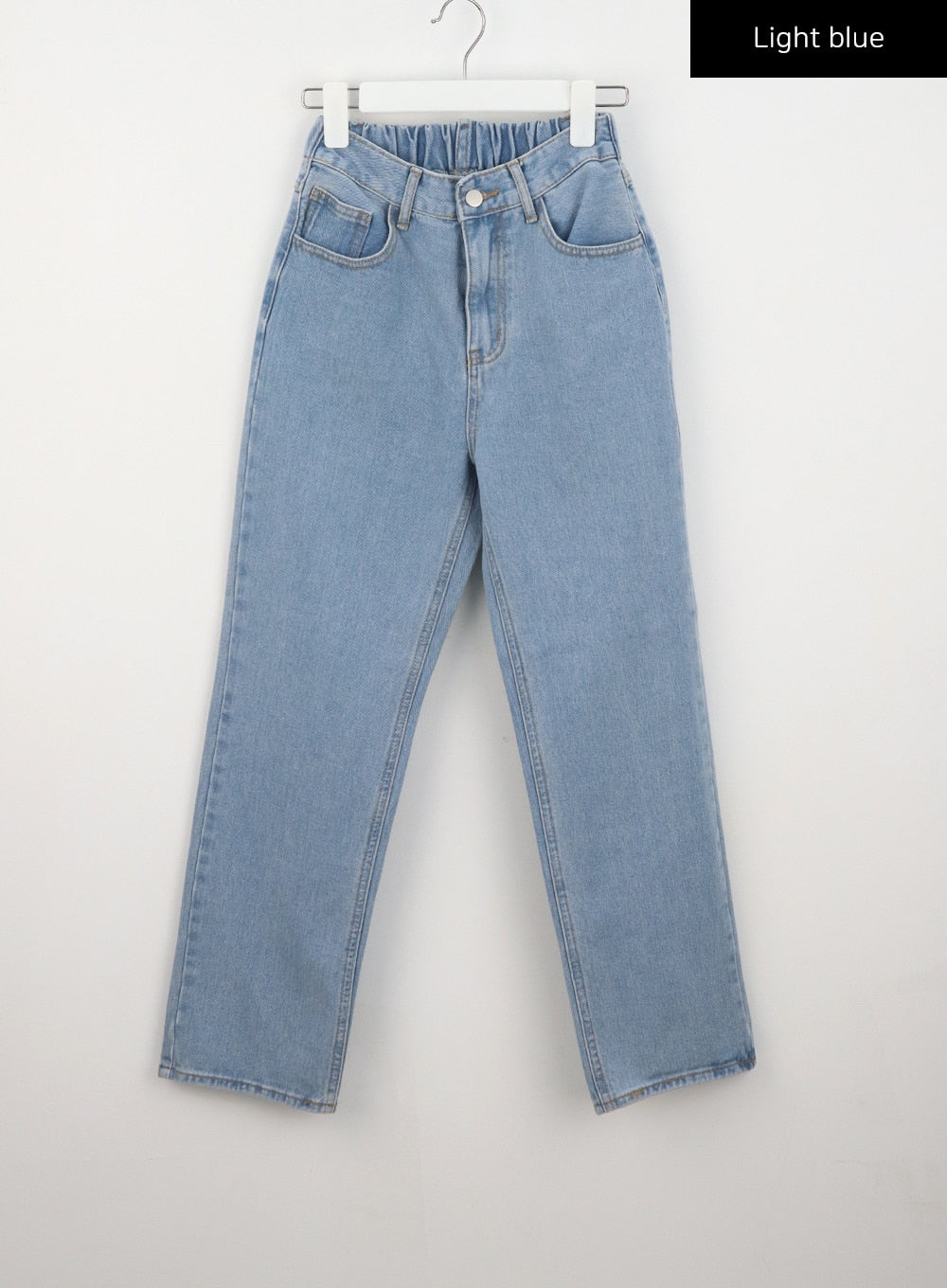 Straight Leg Jeans BU302 in light blue, flat hanger shot front view, banded elastic waist, five-pocket wide-fit straight leg cotton denim.