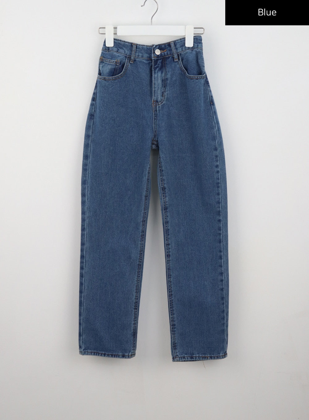 Straight Leg Jeans BU302 in blue, flat hanger shot front view, classic mid-wash cotton denim, wide-fit straight leg with five-pocket styling and button closure.