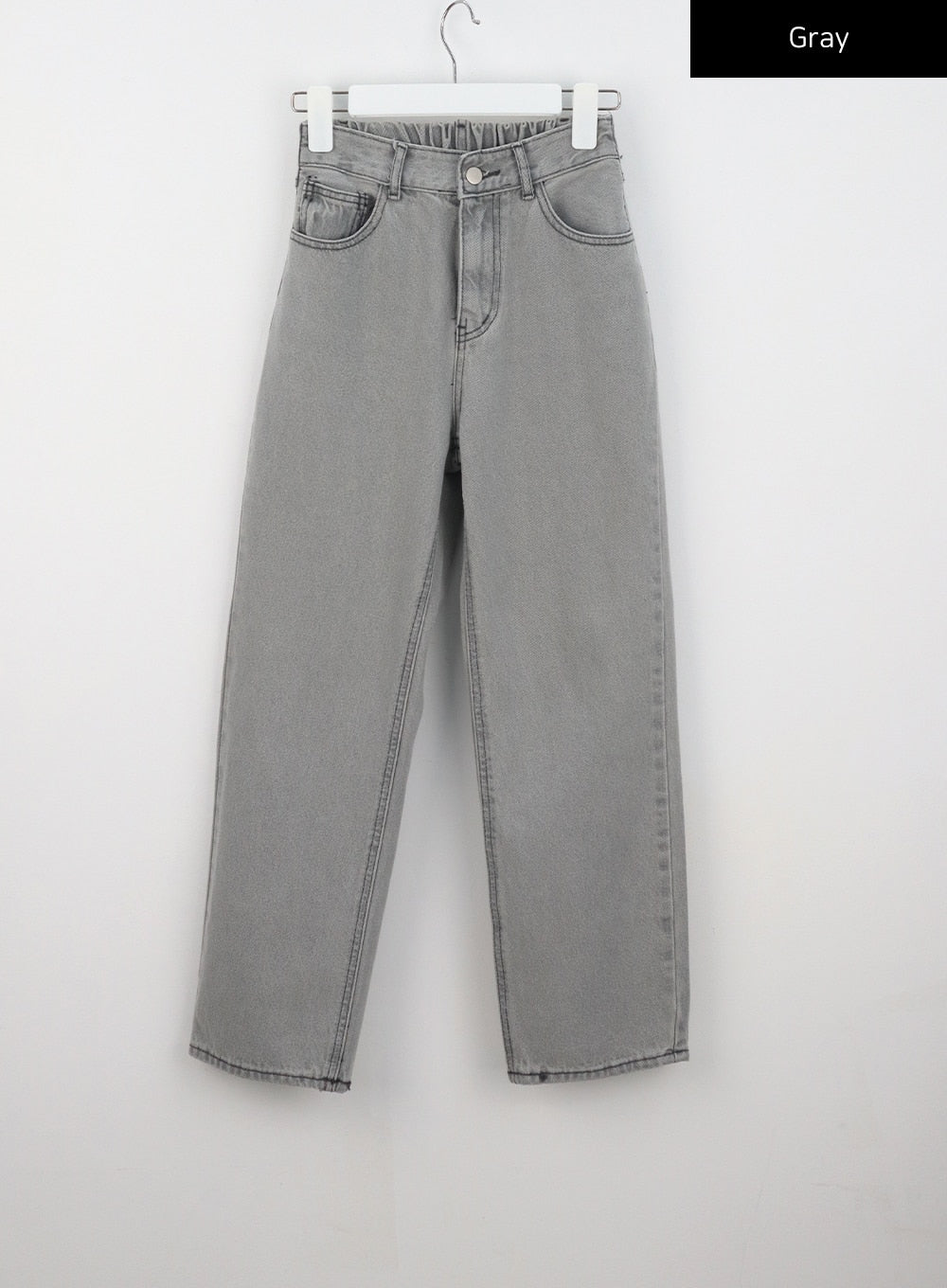 Straight Leg Jeans BU302 in gray, flat hanger shot front view, washed cotton denim, banded elastic waistband, wide-fit straight leg silhouette.