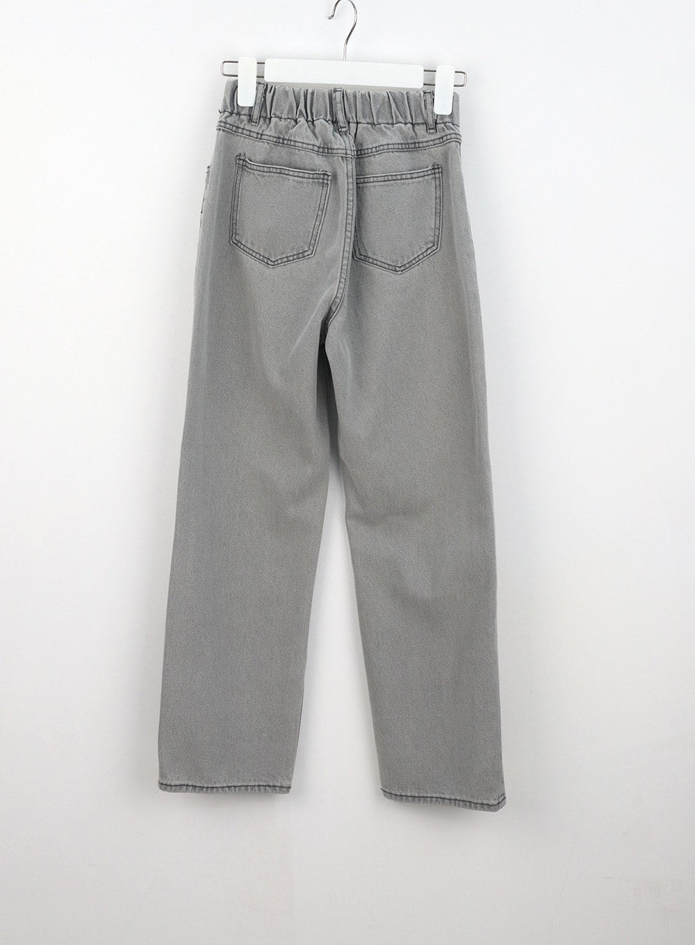 Straight Leg Jeans BU302 in gray, flat hanger shot back view, elastic banded waistband detail, twin back patch pockets, wide straight cotton denim leg.