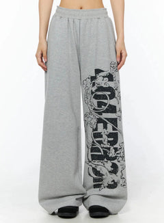 LEWKIN 404 Error Graphic Sweatpants IL516 Gray M/L front shot on model cropped at waist showing wide-leg silhouette with distressed black graphic print