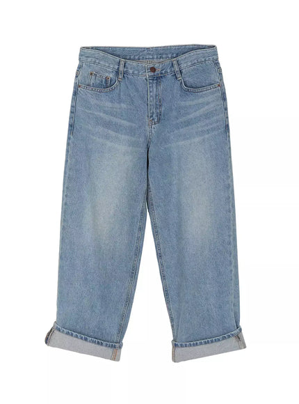 Adeya Cuffed Straight Jeans IU524 Blue flat-lay front view showing full length, wide-leg barrel silhouette, low-rise waist, button fly, and cuffed hem on white background