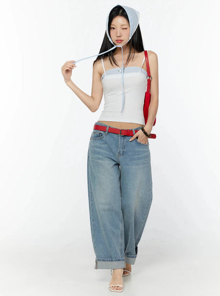 Adeya Cuffed Straight Jeans IU524 Blue full-body front shot on model styled with white camisole, blue headscarf, red belt and red crossbody bag