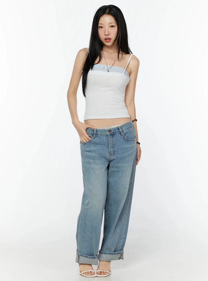 Adeya Cuffed Straight Jeans IU524 Blue full-body front shot on model styled with white spaghetti-strap cami top, necklace, and white heeled sandals