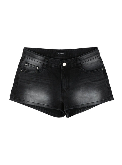 Adrian Denim Shorts IL522 Black flat-lay front view showing faded wash, coin pocket, white snap button, cuffed hem, and C.NERGY waistband label